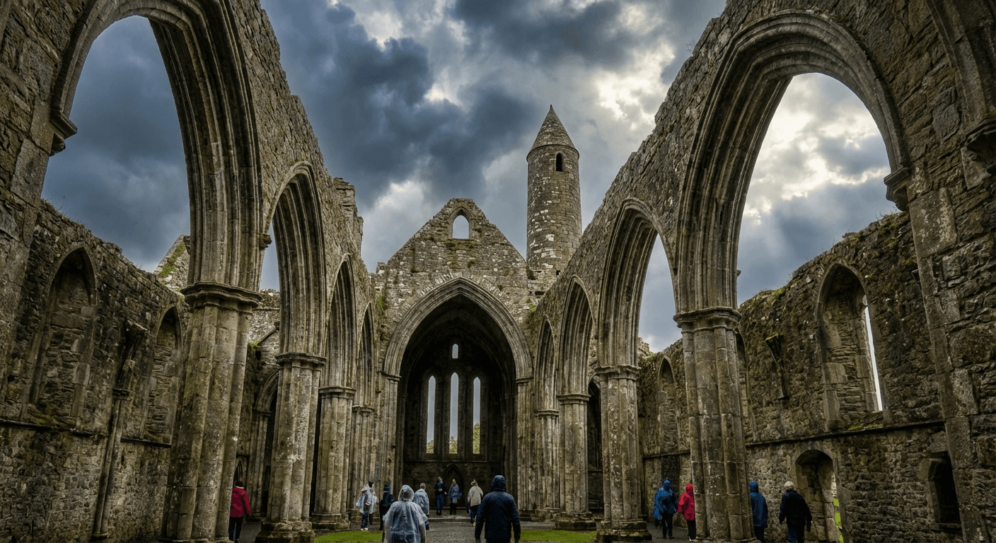 The roofless Gothic cathedral at the Rock of Cashel with visitors exploring the stone ruins