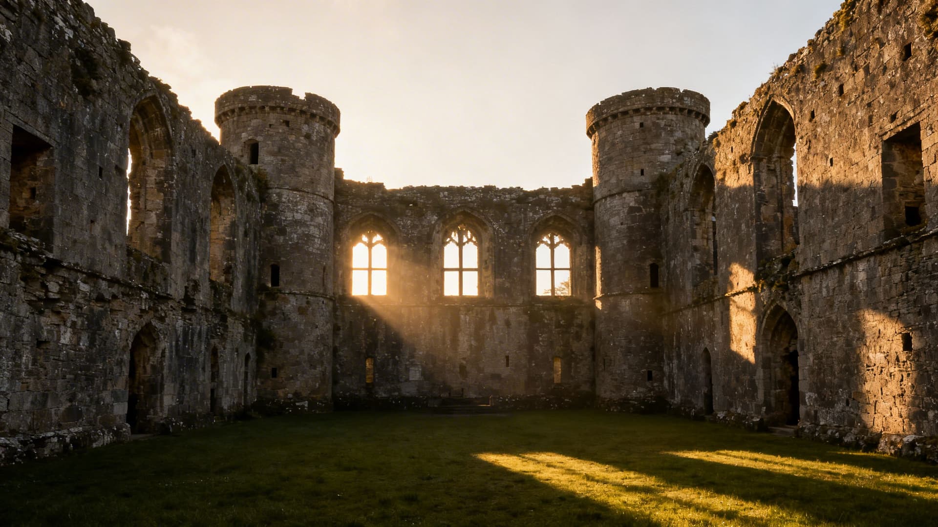 Early morning light streaming through the eastern windows of Roscommon Castle’s quadrangular Norman ruins