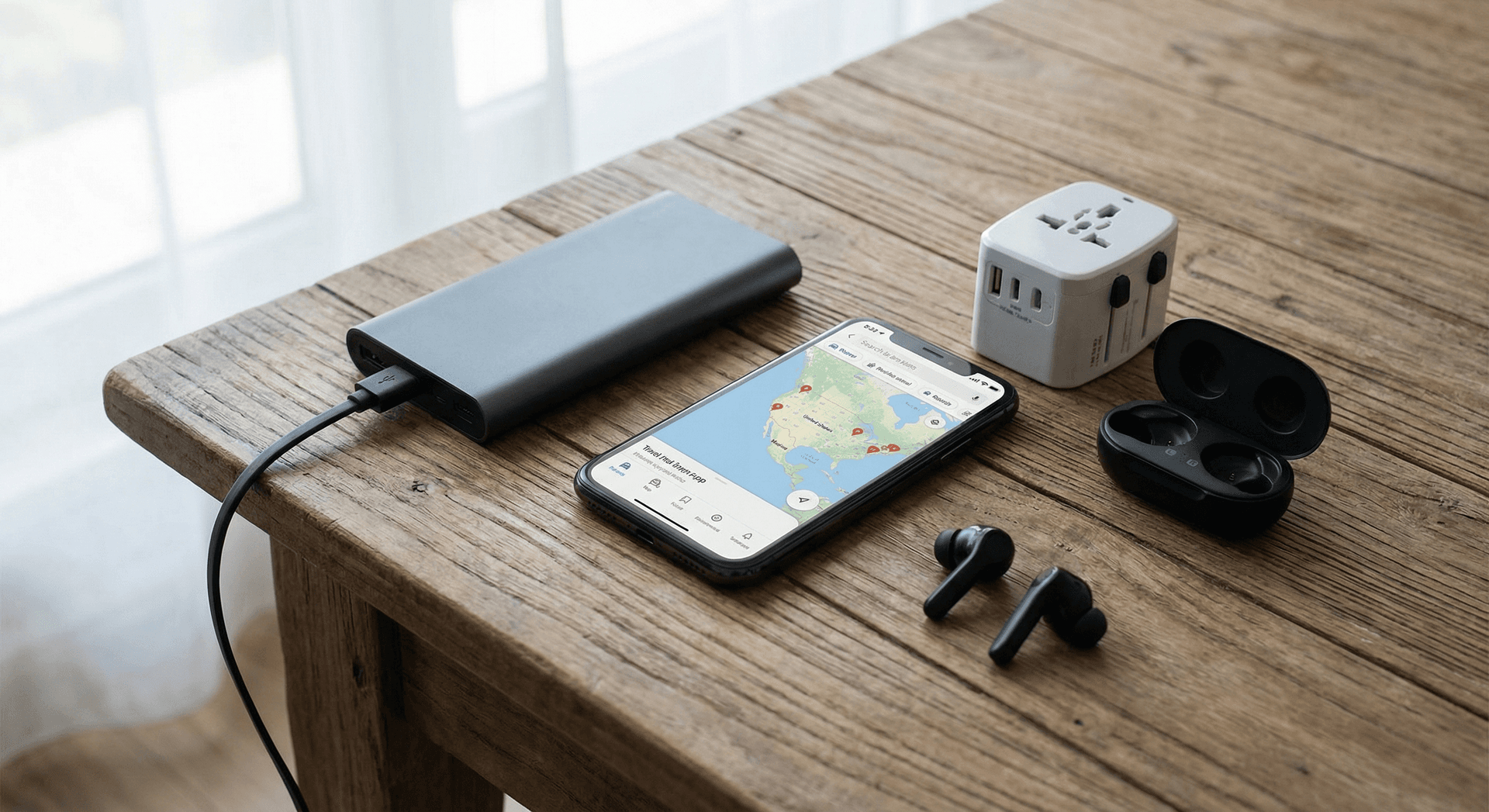 Travel tech essentials on wooden table