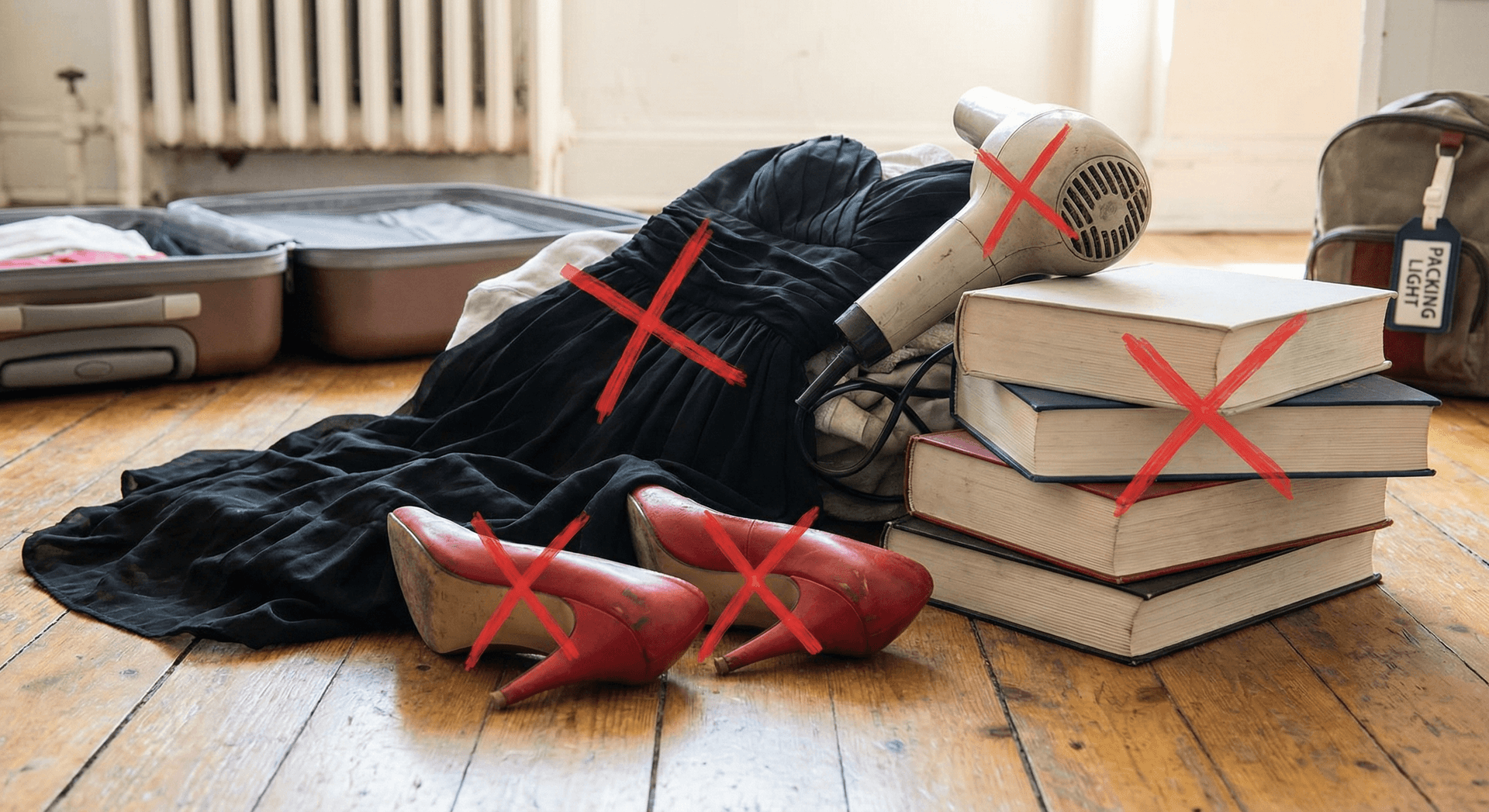 Items to leave at home crossed out