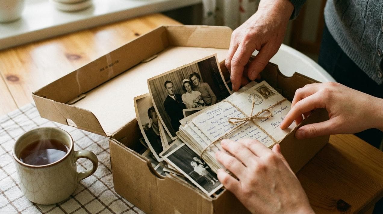 Sorting through old family photos to start a family tree.
