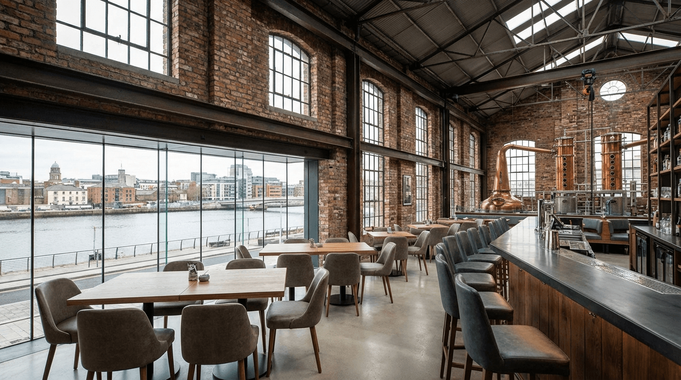 Interior of Roe & Co distillery showing industrial brick architecture and modern tasting room with views of Dublin city