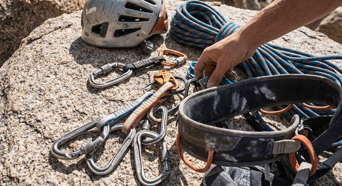 Rock climbing safety equipment - carabiners, ropes, harness, helmet