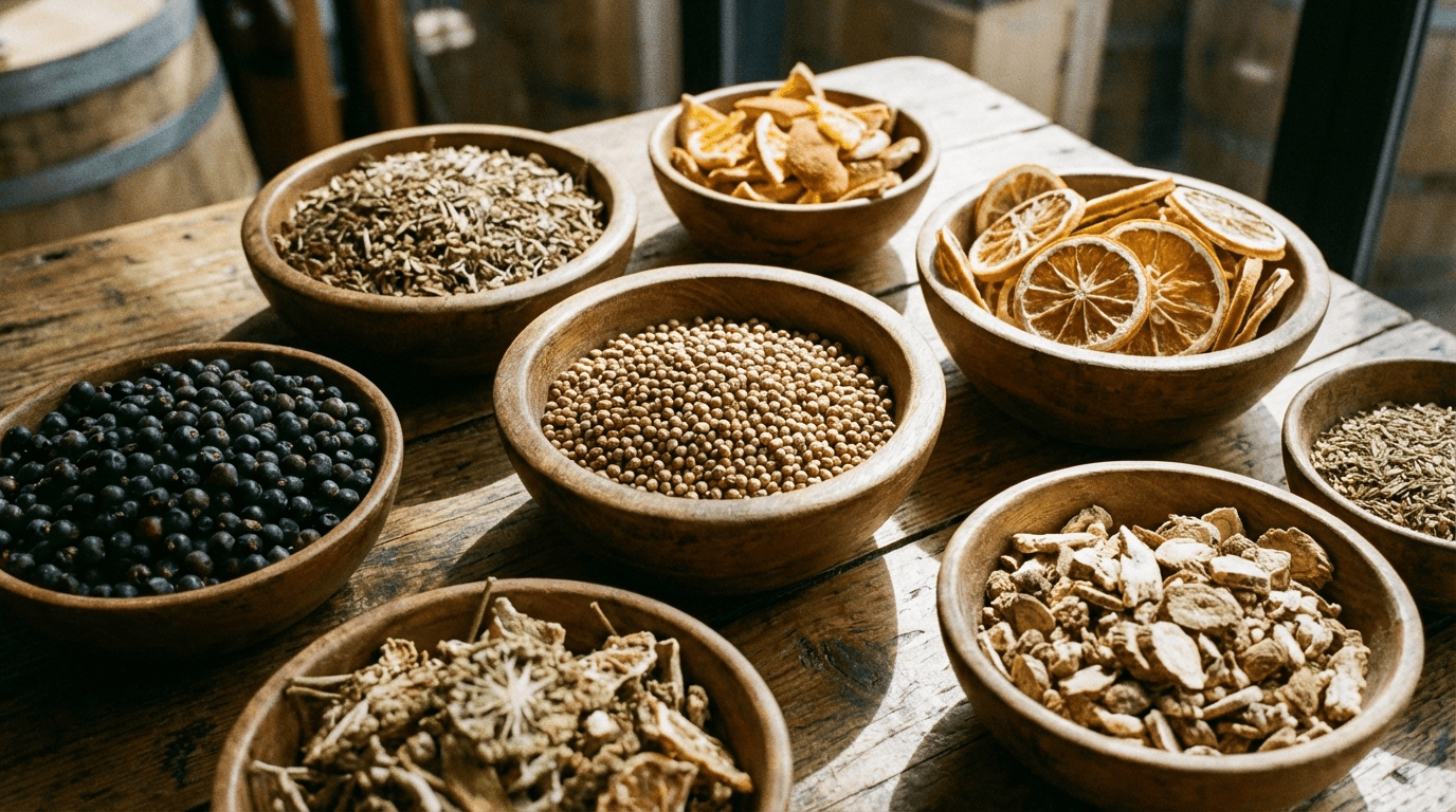 Close-up of gin botanicals including juniper berries, coriander seeds, citrus peels, and dried herbs in wooden bowls