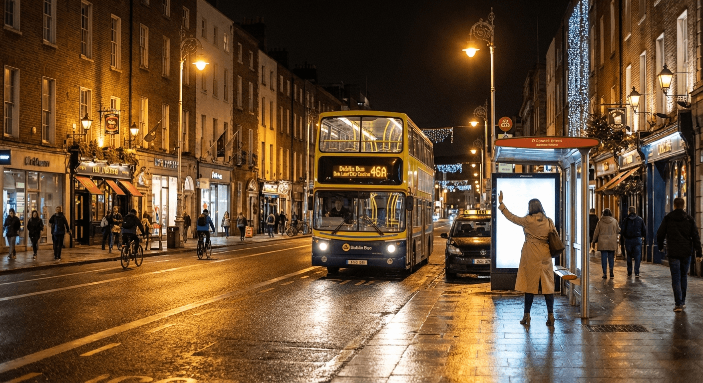 Dublin street at night with bus and taxi visible, well-lit city center, safe transport options