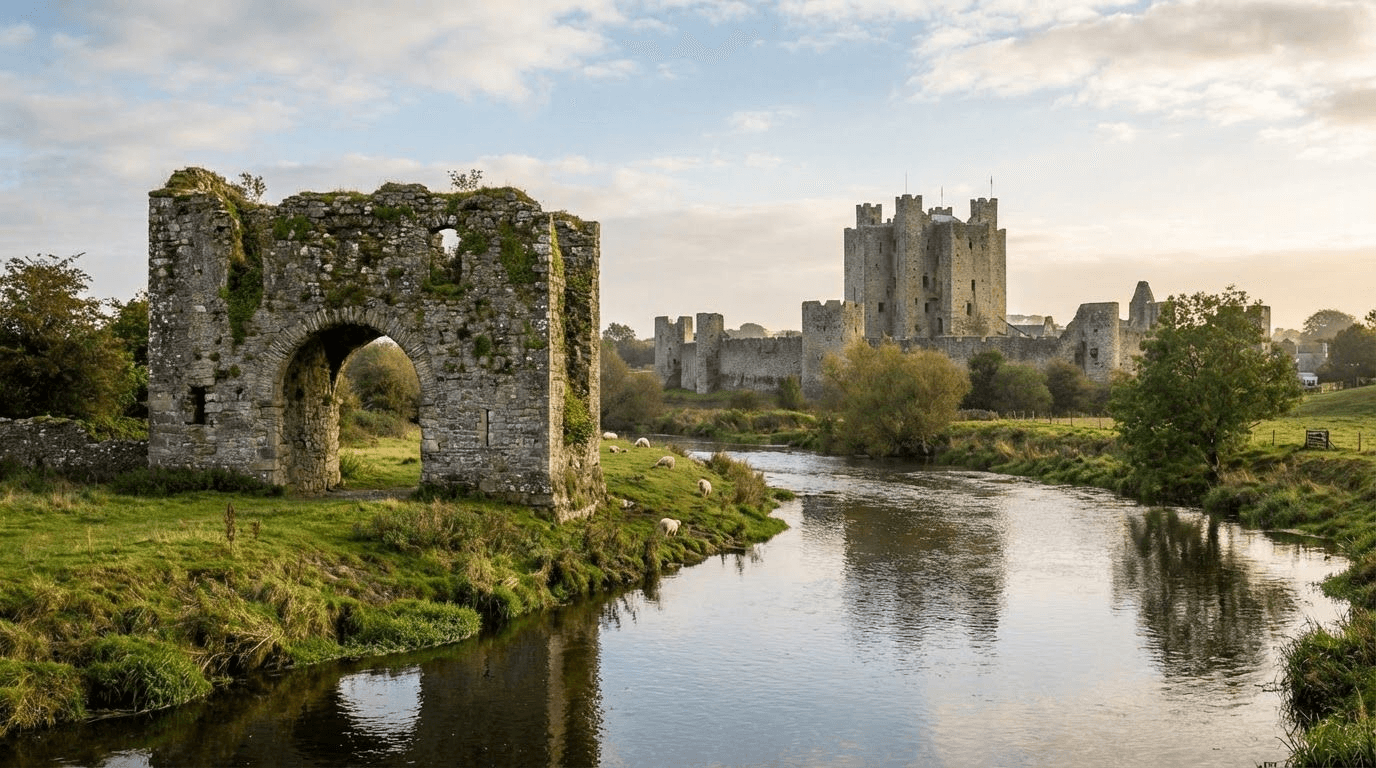 The Sheep Gate ruin with Trim Castle walls visible in background, River Boyne flowing past, peaceful scene