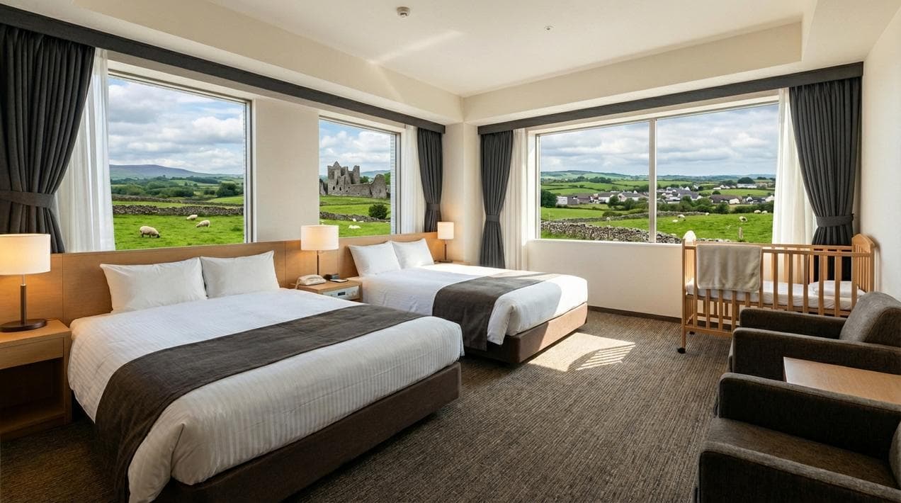 A spacious hotel family room with two double beds and blackout curtains, suitable for children.