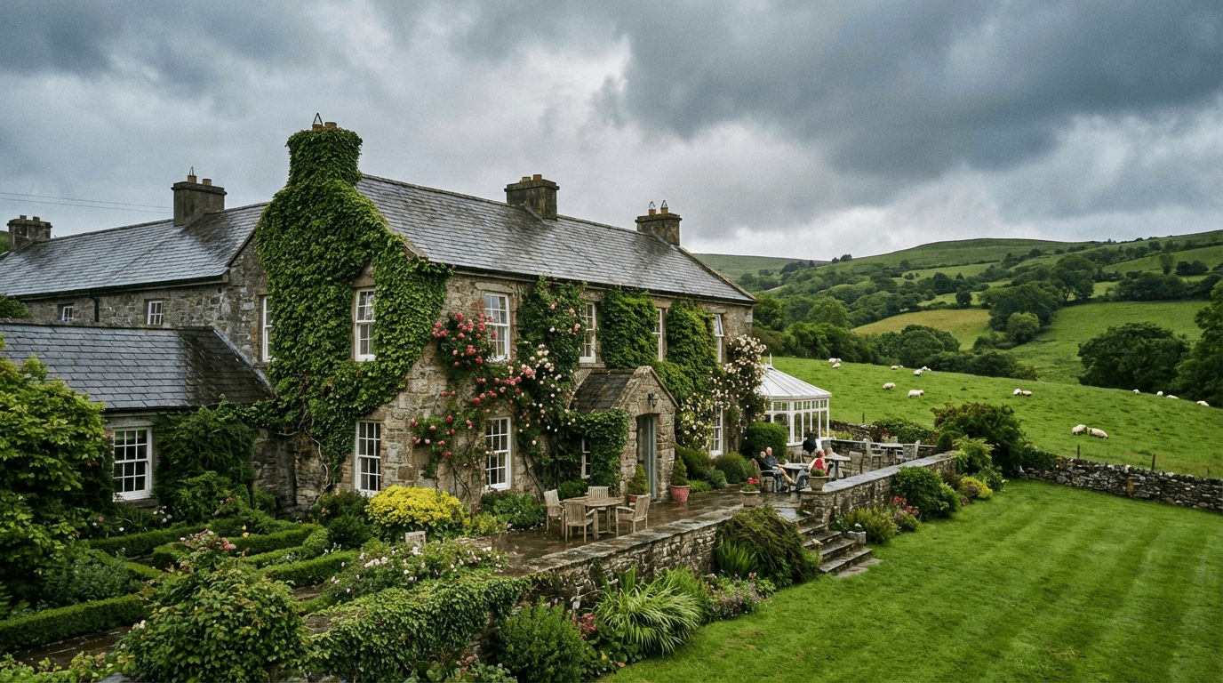 Traditional Irish country hotel with stone exterior and gardens