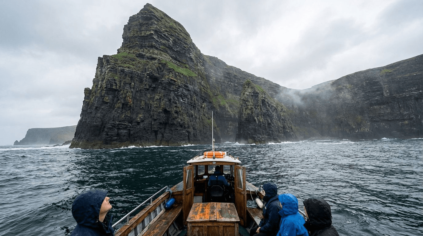 Small tour boat at the base of the Cliffs of Moher showing the massive scale of the rock face rising from the water, passengers looking up
