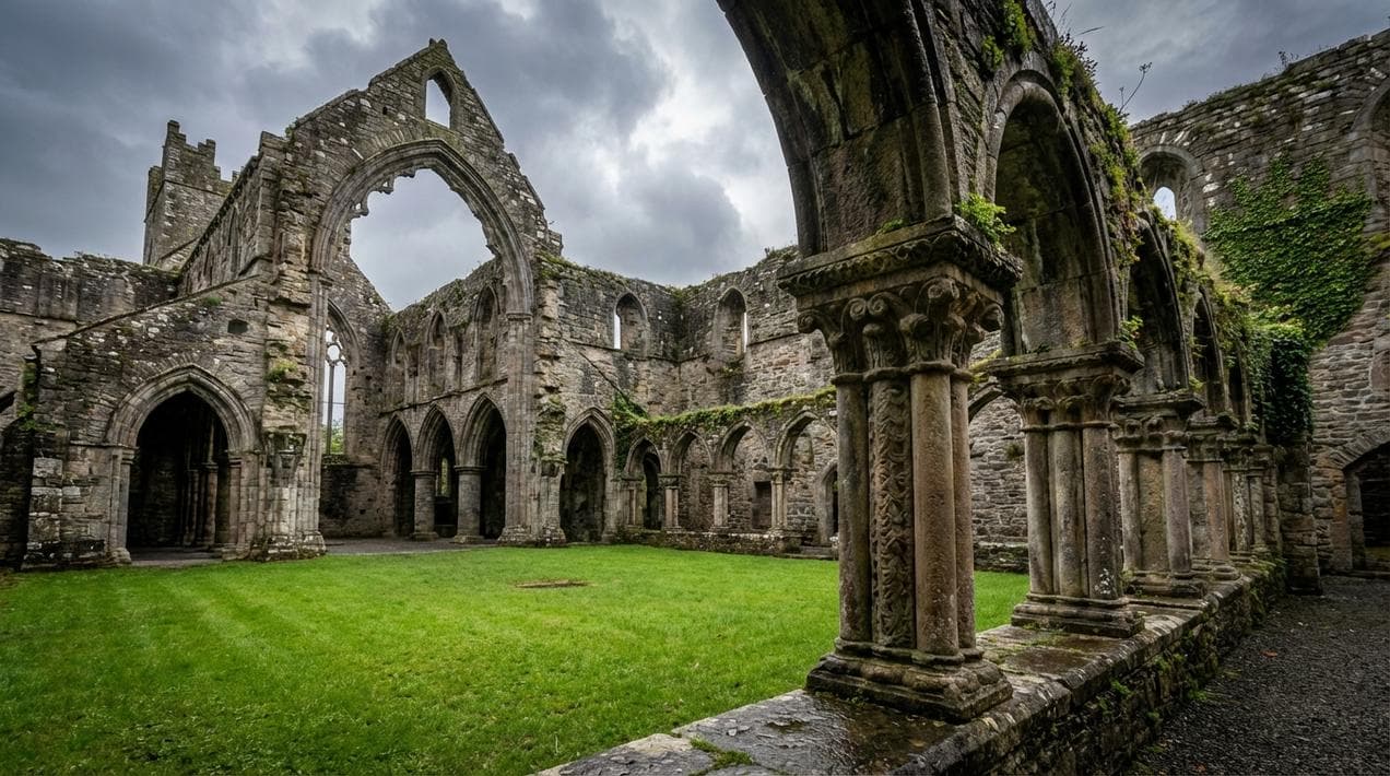 Jerpoint Abbey ruins near Thomastown in County Kilkenny, a 12th century Cistercian monastery with intricate stone carvings