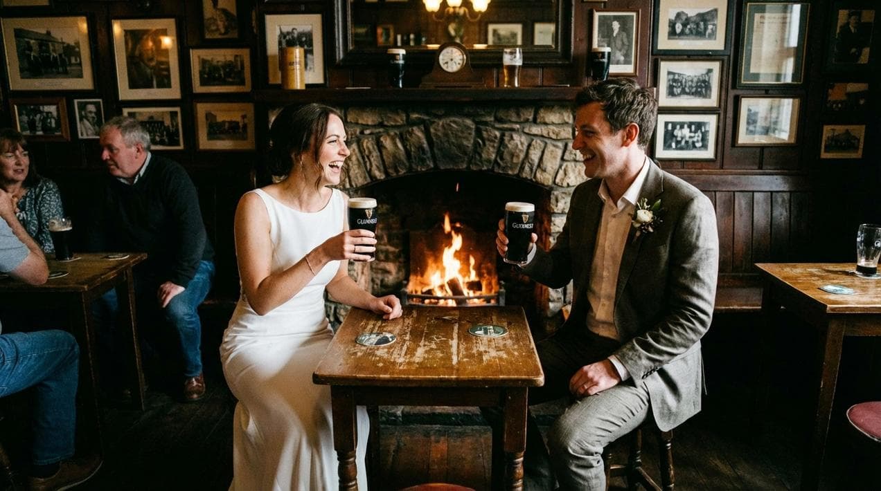 Celebrating an elopement with a pint of Guinness in a traditional Irish pub.