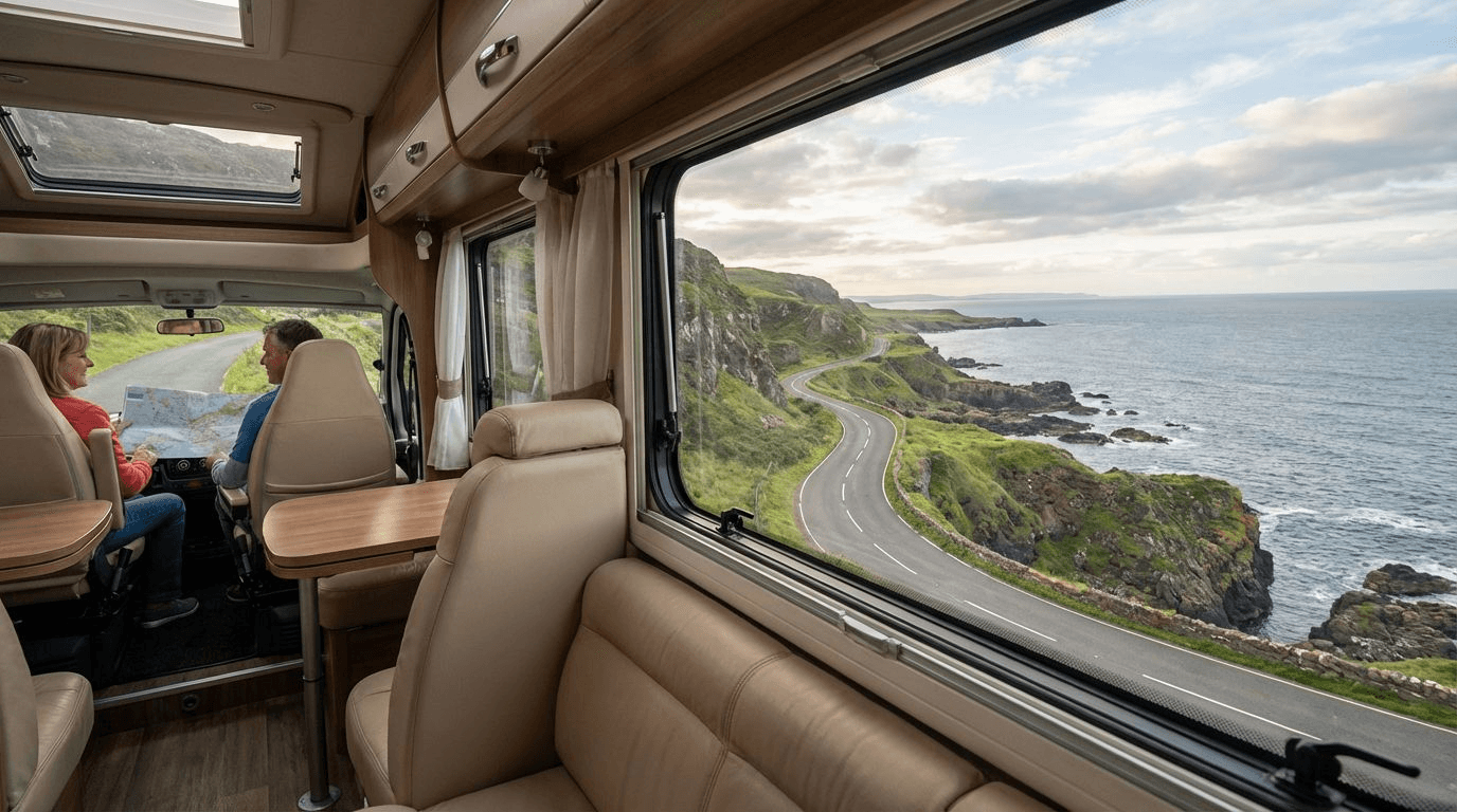 A comfortable touring vehicle on the winding Causeway Coast Road with dramatic cliffs and coastline visible through the windows