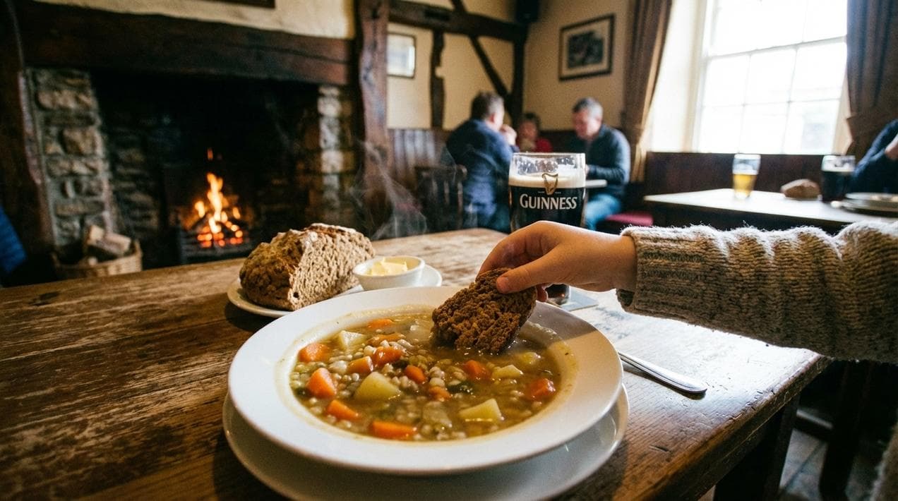 Traditional Irish soup and soda bread, a kid-friendly lunch option.