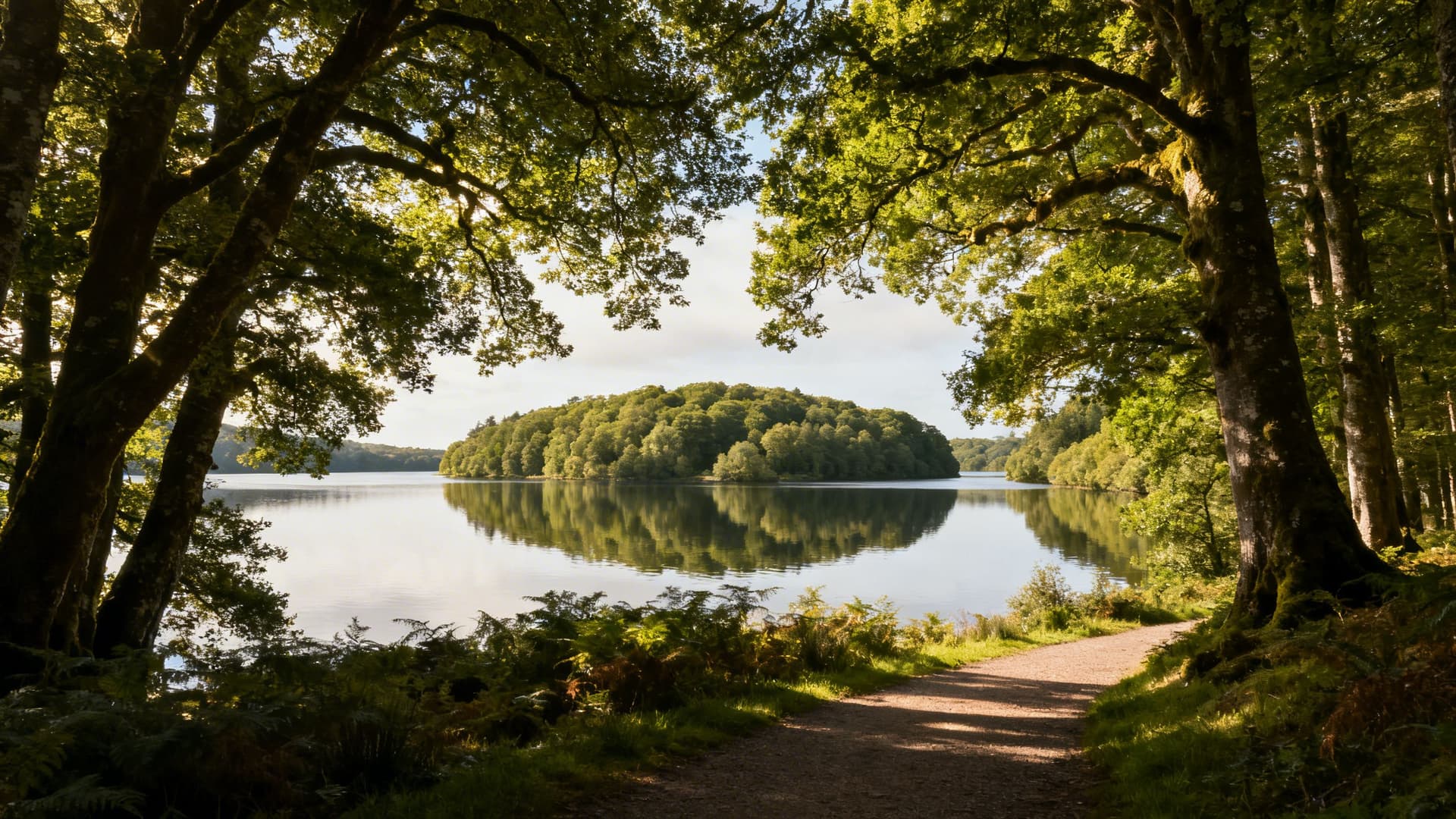 Island-dotted Lough Key seen through mature oak and beech woodland along the forest park walking trail