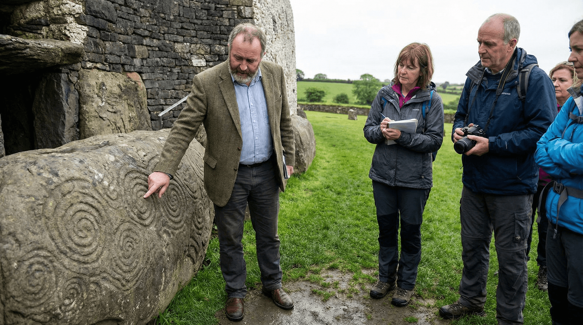 Historical Expert guide explaining megalithic art to visitors at Knowth passage tomb