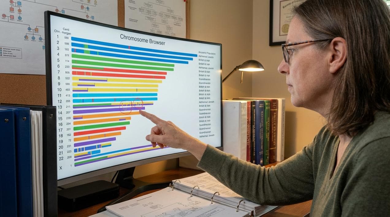 A professional genetic genealogist analyzing chromosome segments.