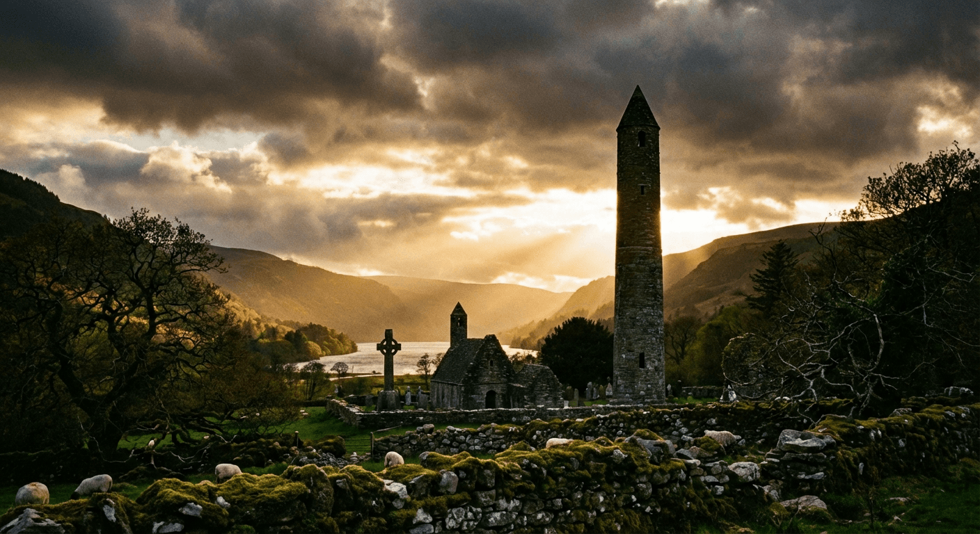 Ancient Irish monastic site with stone ruins at golden hour