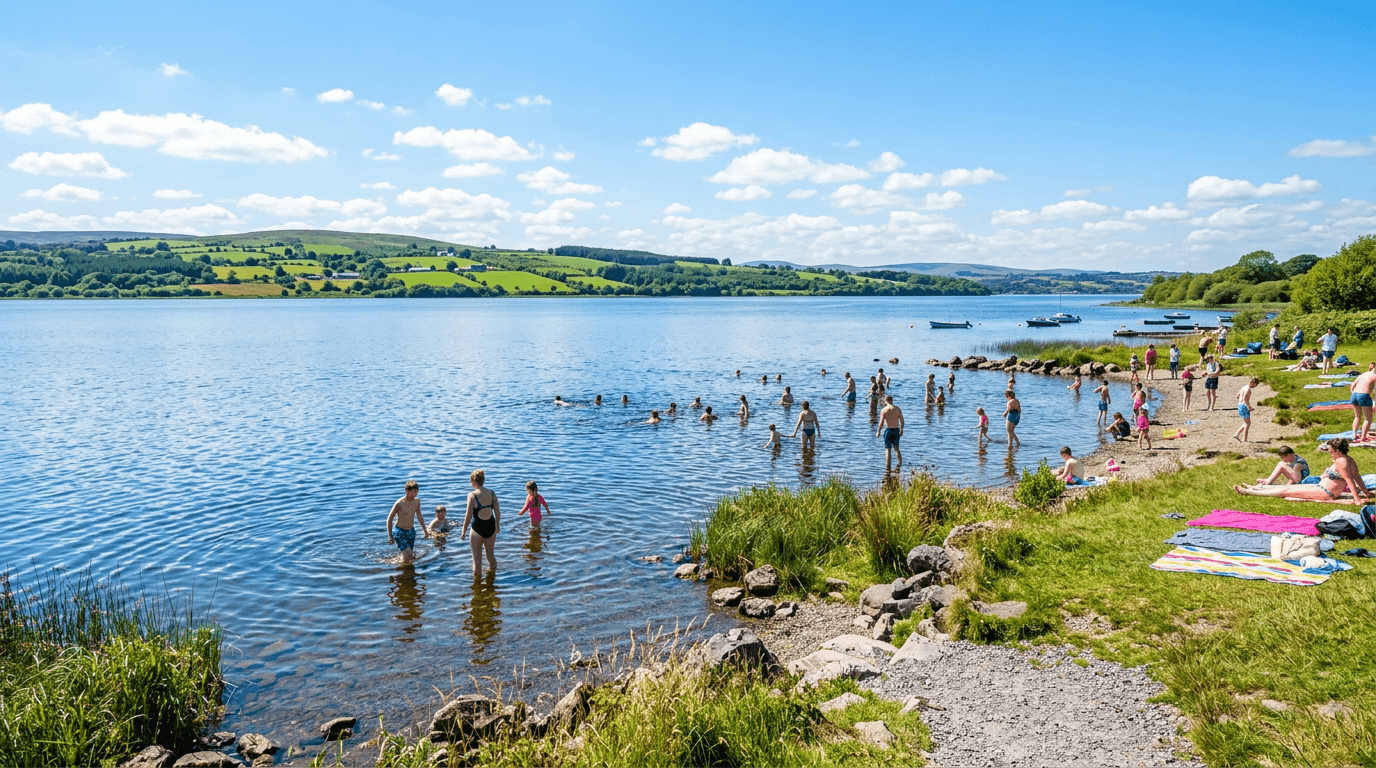 Swimming at Two Mile Gate, a vast and popular freshwater beach on Lough Derg.