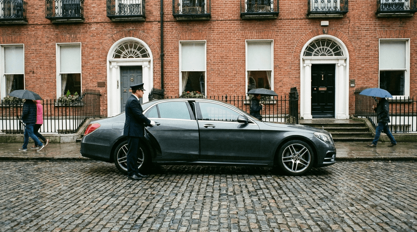 Modern comfortable sedan parked on Dublin street with professional private driver waiting, historic Georgian architecture in background