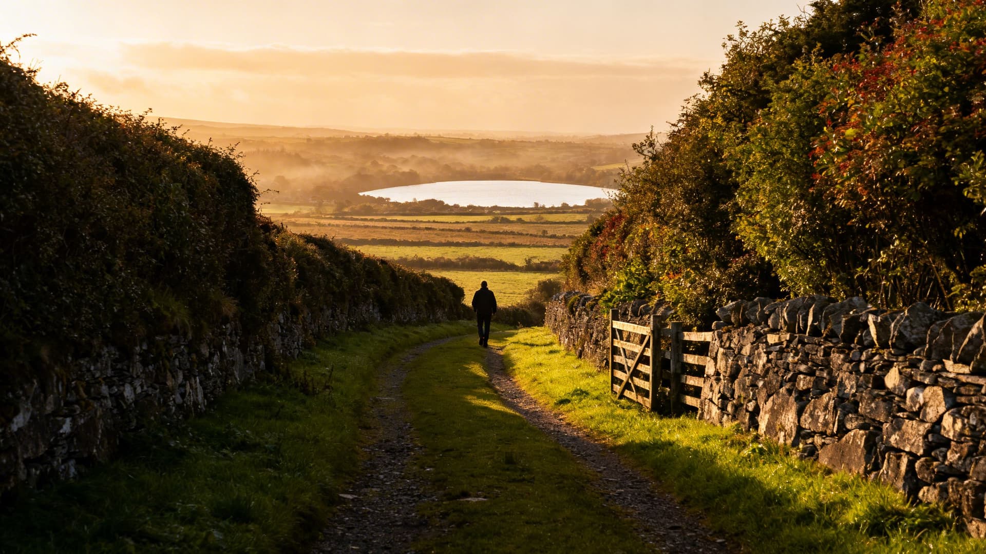 A narrow boreen lane between hedgerows leading through green farmland with a distant lake visible in the Leitrim landscape
