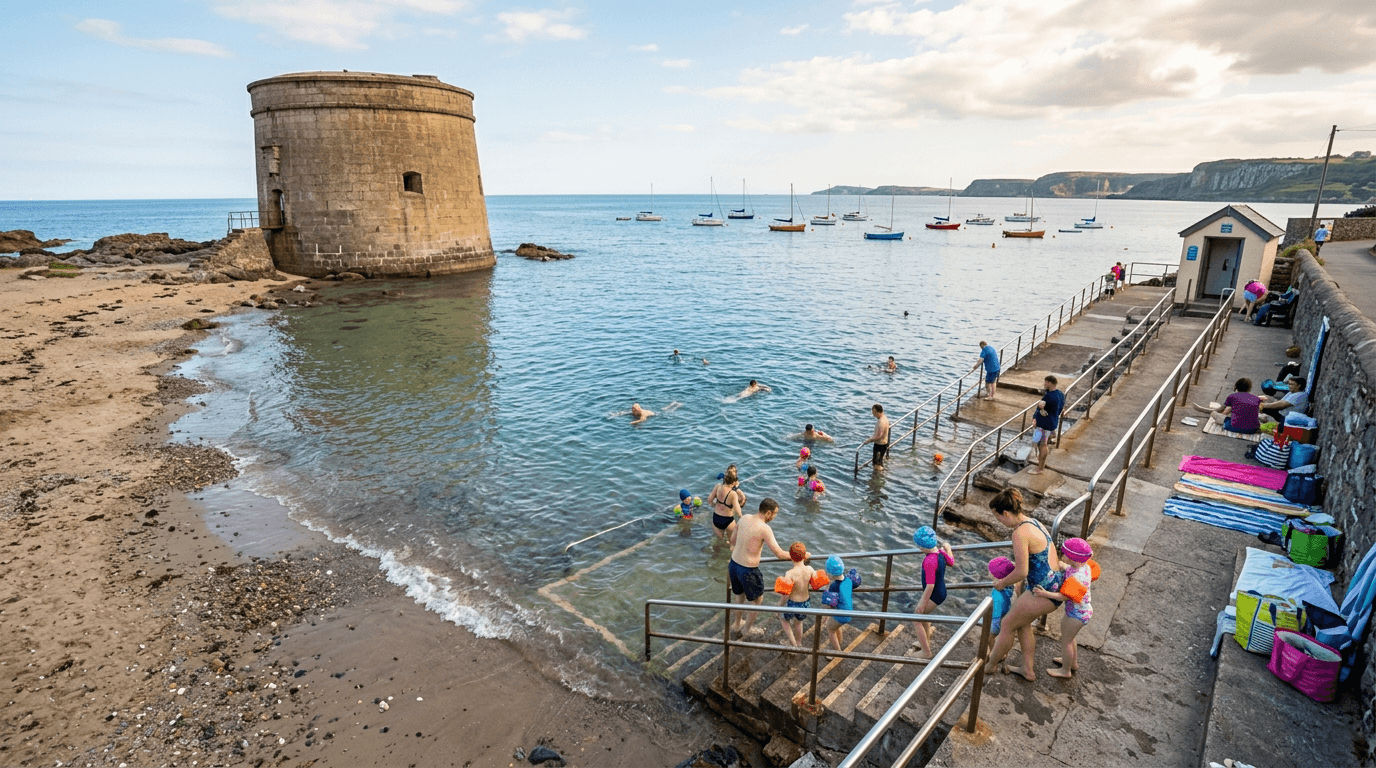 Wading into the calm waters at Seapoint, Dublin, near the historic Martello tower.
