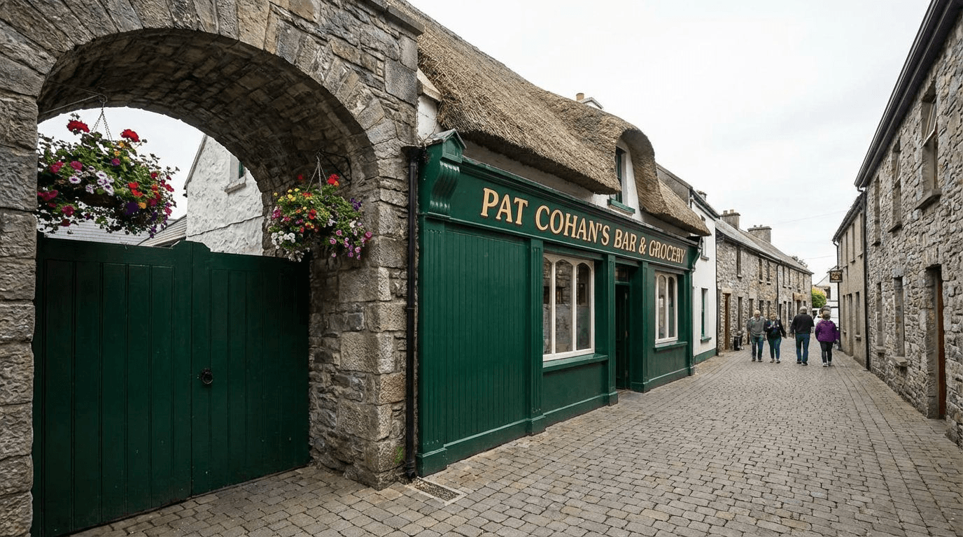 The exterior of Pat Cohan's Pub with traditional green-painted facade, thatched roof sections, flower baskets, narrow village street