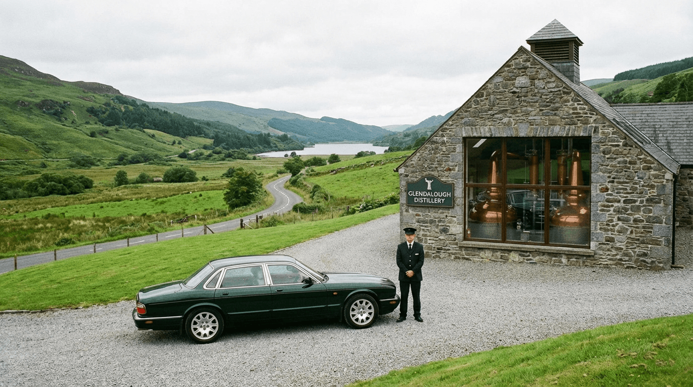 Private car parked outside Irish gin distillery with professional driver waiting, scenic countryside setting
