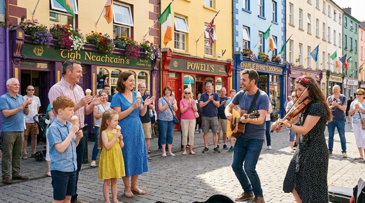 Family watching street performers on the vibrant streets of Galway.