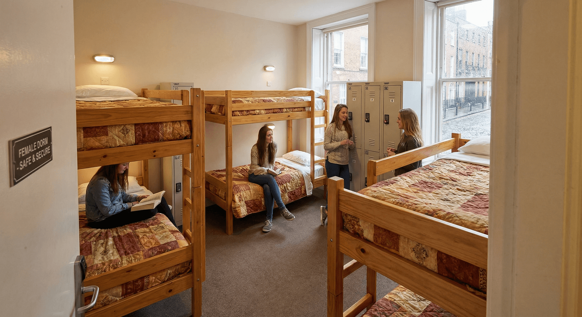 Female-only dorm room in Irish hostel with secure lockers and cozy bunks