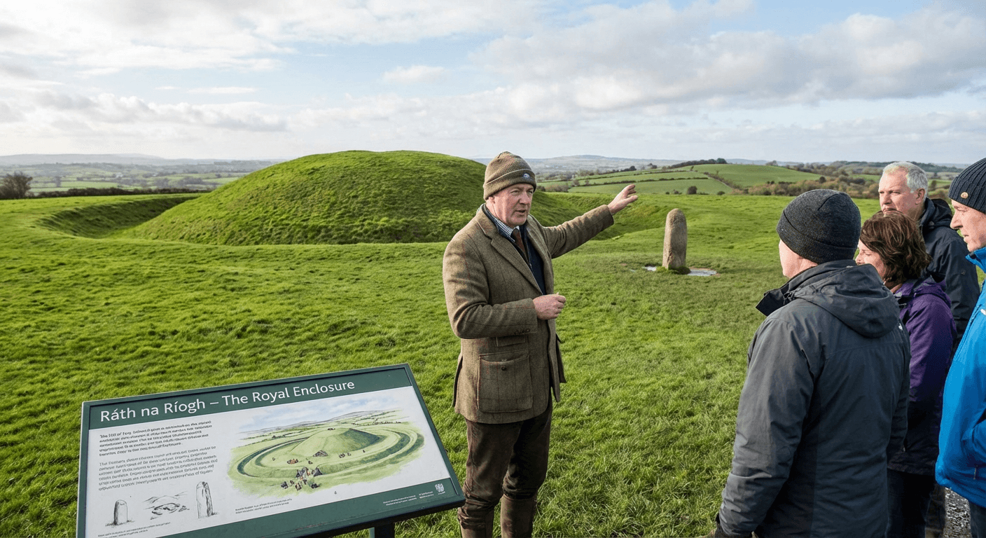A historical guide explaining the earthworks at the Hill of Tara