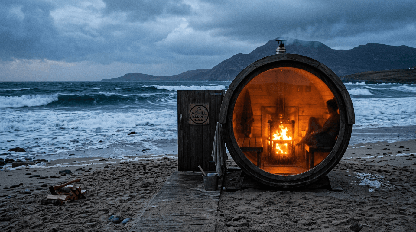 A glowing wood-fired beach sauna offering contrast therapy against the cold Atlantic ocean.