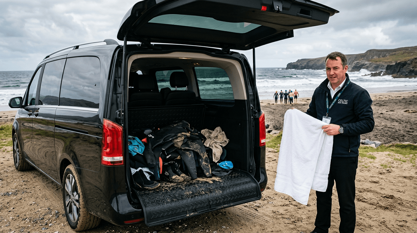 A private driver managing wet, sandy swimming gear in the waterproof trunk of a luxury vehicle.