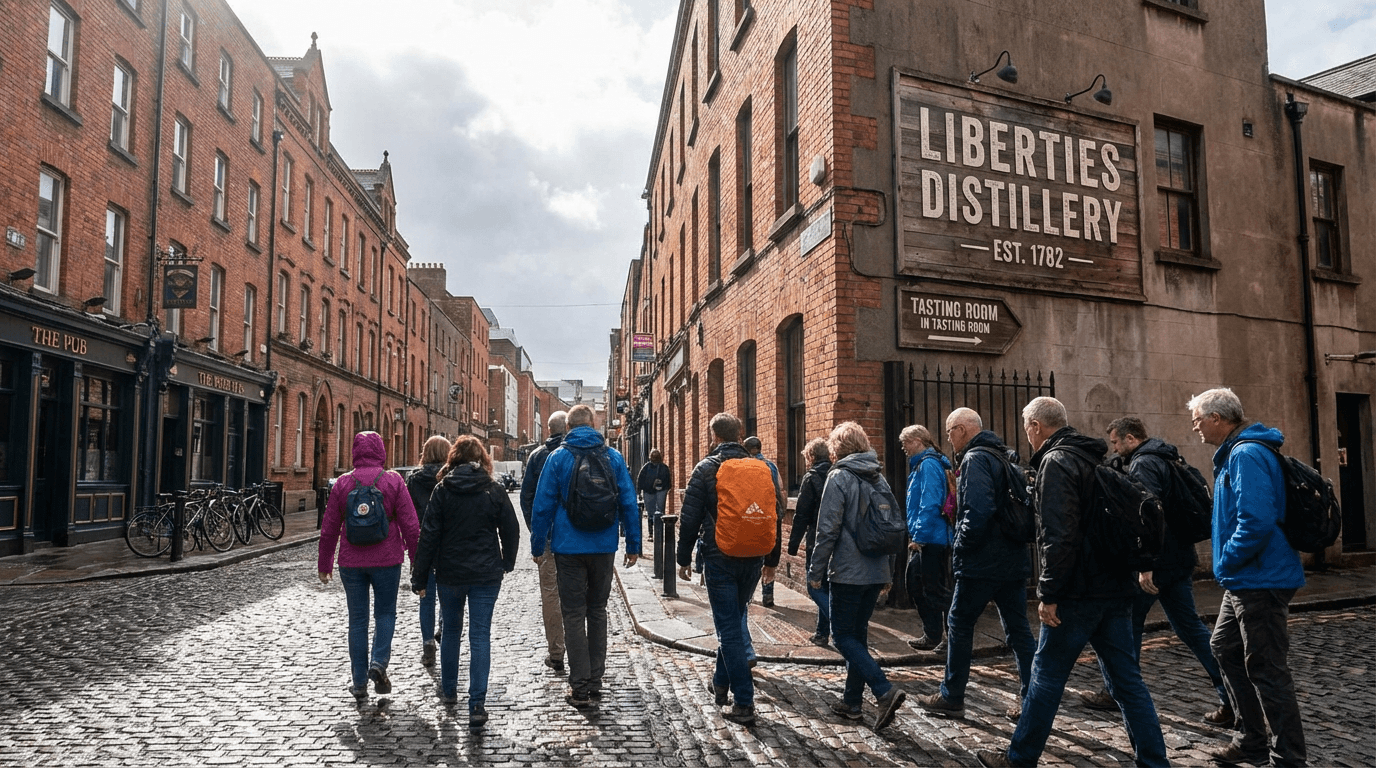 Group of tourists walking through Dublin's Liberties street with distillery signage visible, cobblestone streets and historic architecture