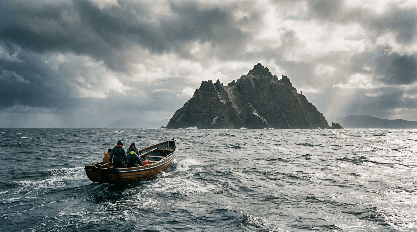 A small boat navigating choppy Atlantic waters with the jagged peak of Skellig Michael rising in the distance, dramatic cloudy sky