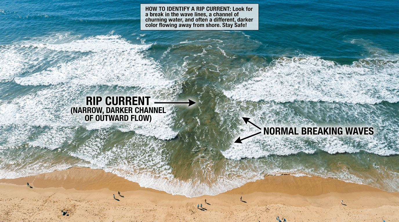 An aerial view showing how to visually identify a dangerous rip current from the beach.