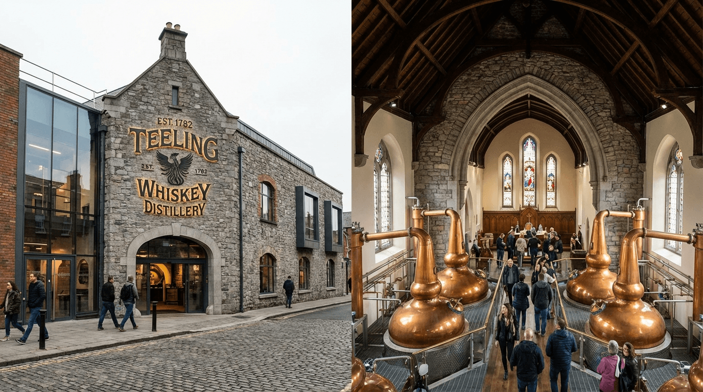 Exterior of Teeling Whiskey distillery with modern signage, plus interior view of Pearse Lyons distillery in converted church with copper stills