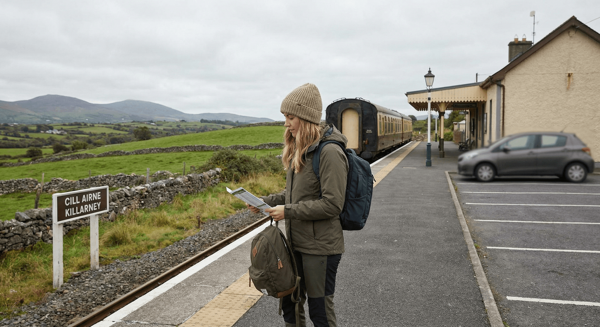 Solo traveler at Irish train station with backpack