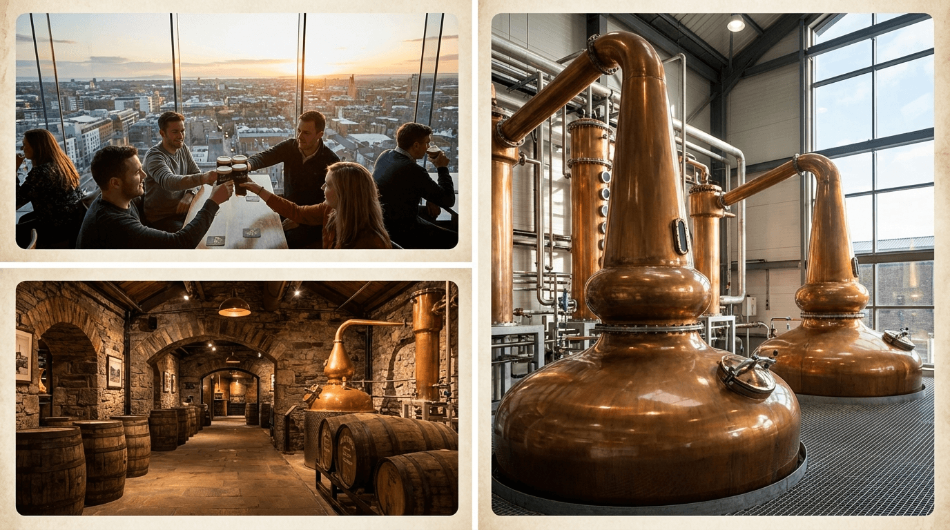 Collage showing Guinness Storehouse Gravity Bar, Jameson Bow Street interior, and Teeling Distillery copper stills