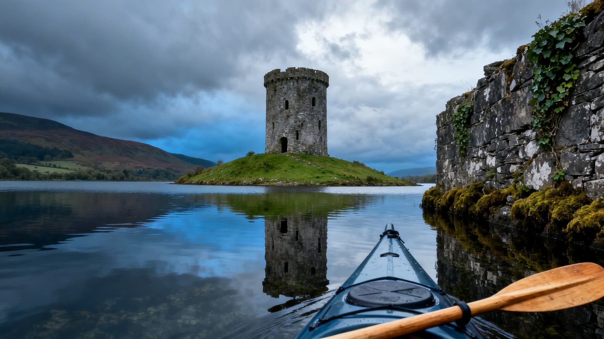 Circular 13th-century castle tower ruins on a small island in Lough Oughter viewed from a kayak approaching across calm water in County Cavan