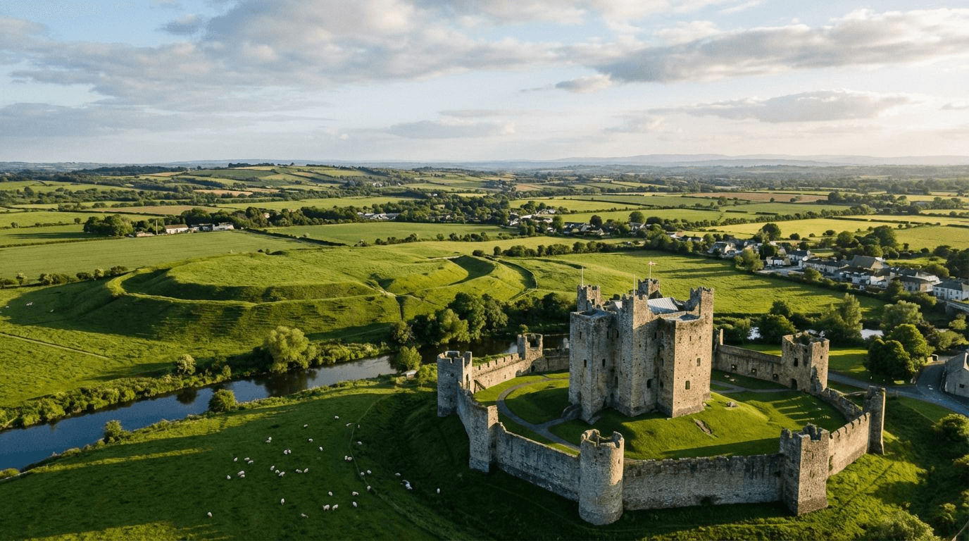 Panoramic view of the Boyne Valley showing Trim Castle in foreground with rolling green hills, ancient landscape stretching to horizon