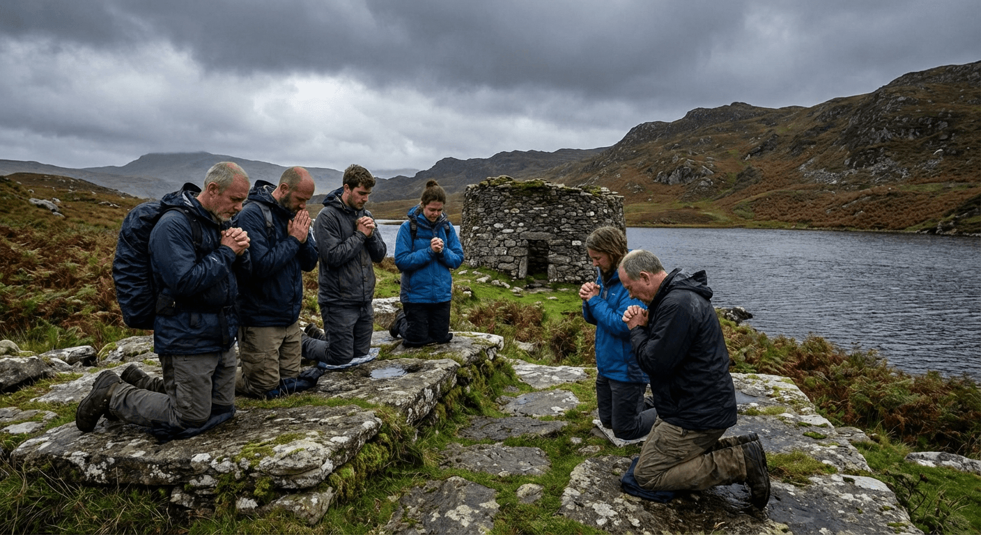 Pilgrims kneeling at stone beds during Lough Derg pilgrimage