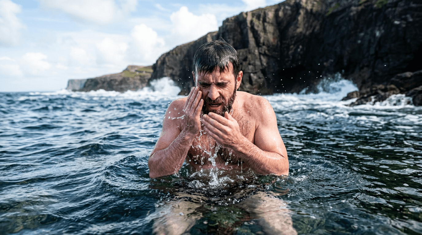 A swimmer splashing their face to acclimatize and prevent cold water shock in Ireland.