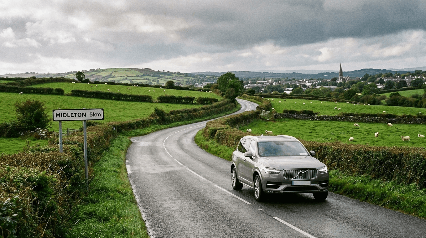 Modern comfortable car on scenic Irish country road with rolling green hills, approaching Midleton area in County Cork