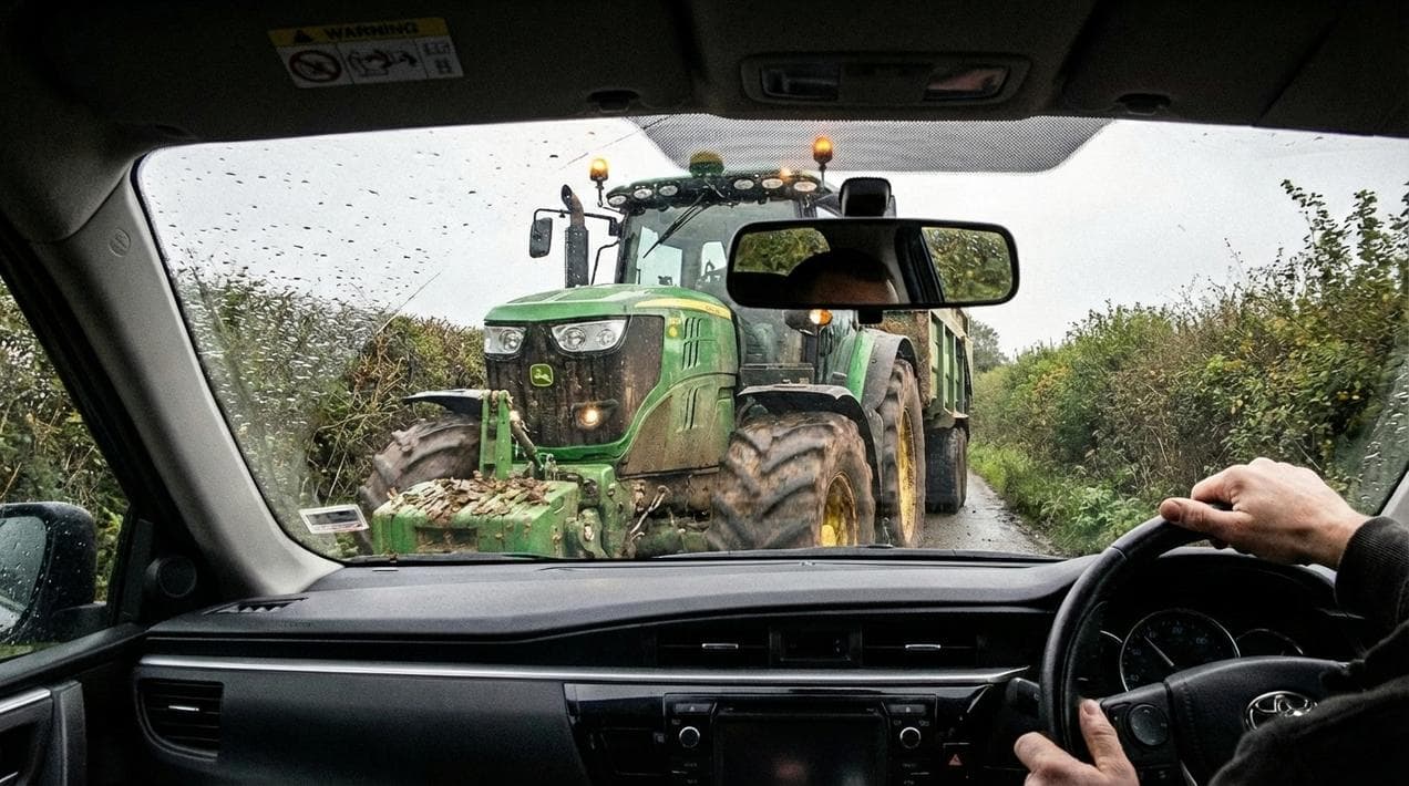 The reality of driving on rural Irish roads: Meeting a tractor.
