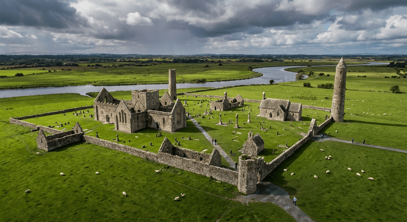 Aerial view of Clonmacnoise showing the cathedral ruins and round towers on the Shannon floodplain