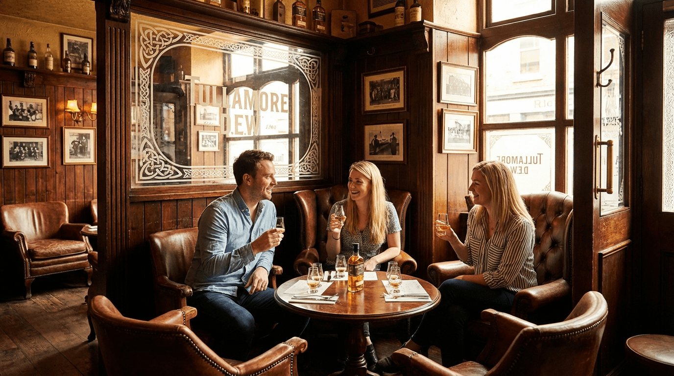 Interior of traditional Irish pub snug at Tullamore D.E.W. with wooden paneling, etched glass, and intimate seating for small group whiskey tasting