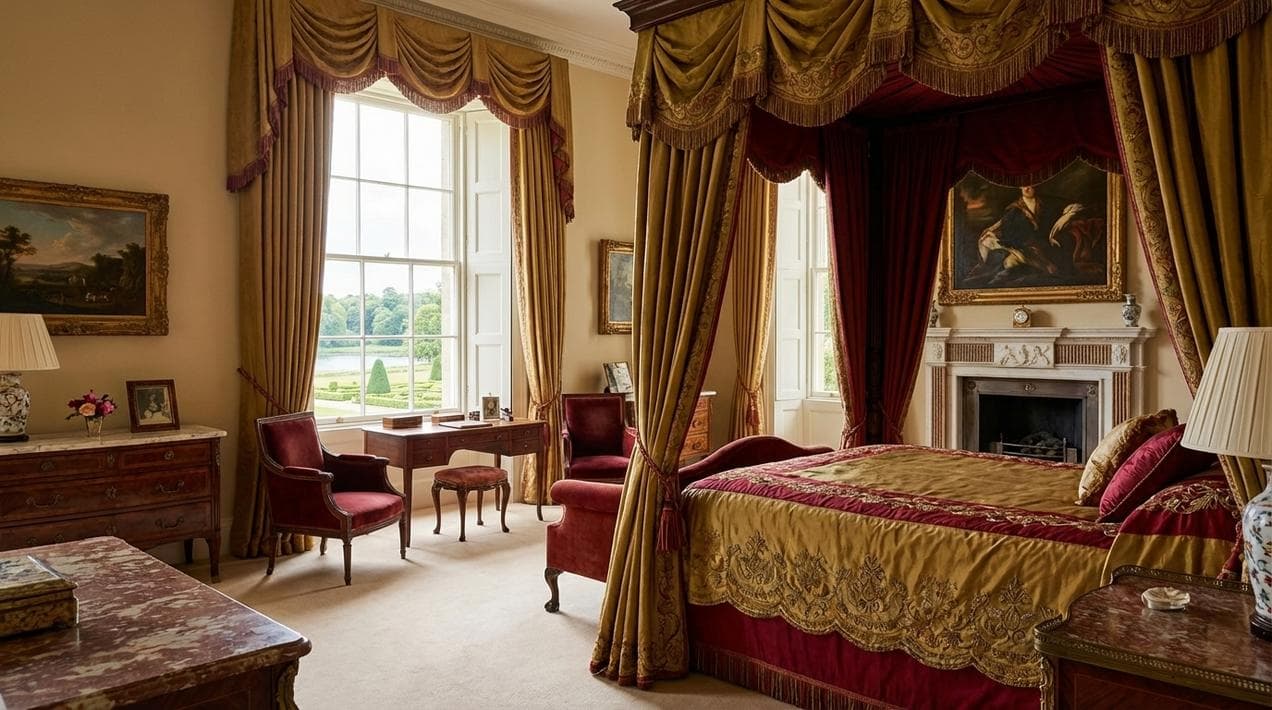 A luxurious four-poster bedroom suite in an exclusive Irish castle hotel.
