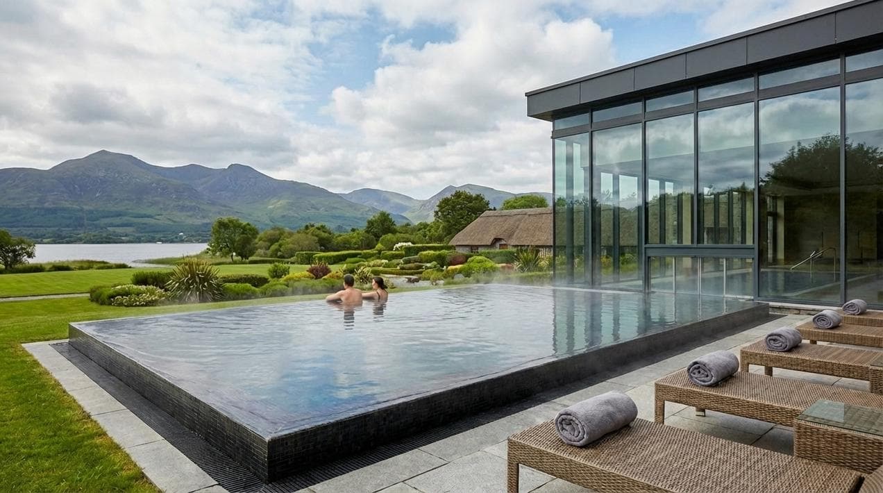 Relaxing in the outdoor vitality pool at a luxury spa hotel in Killarney.