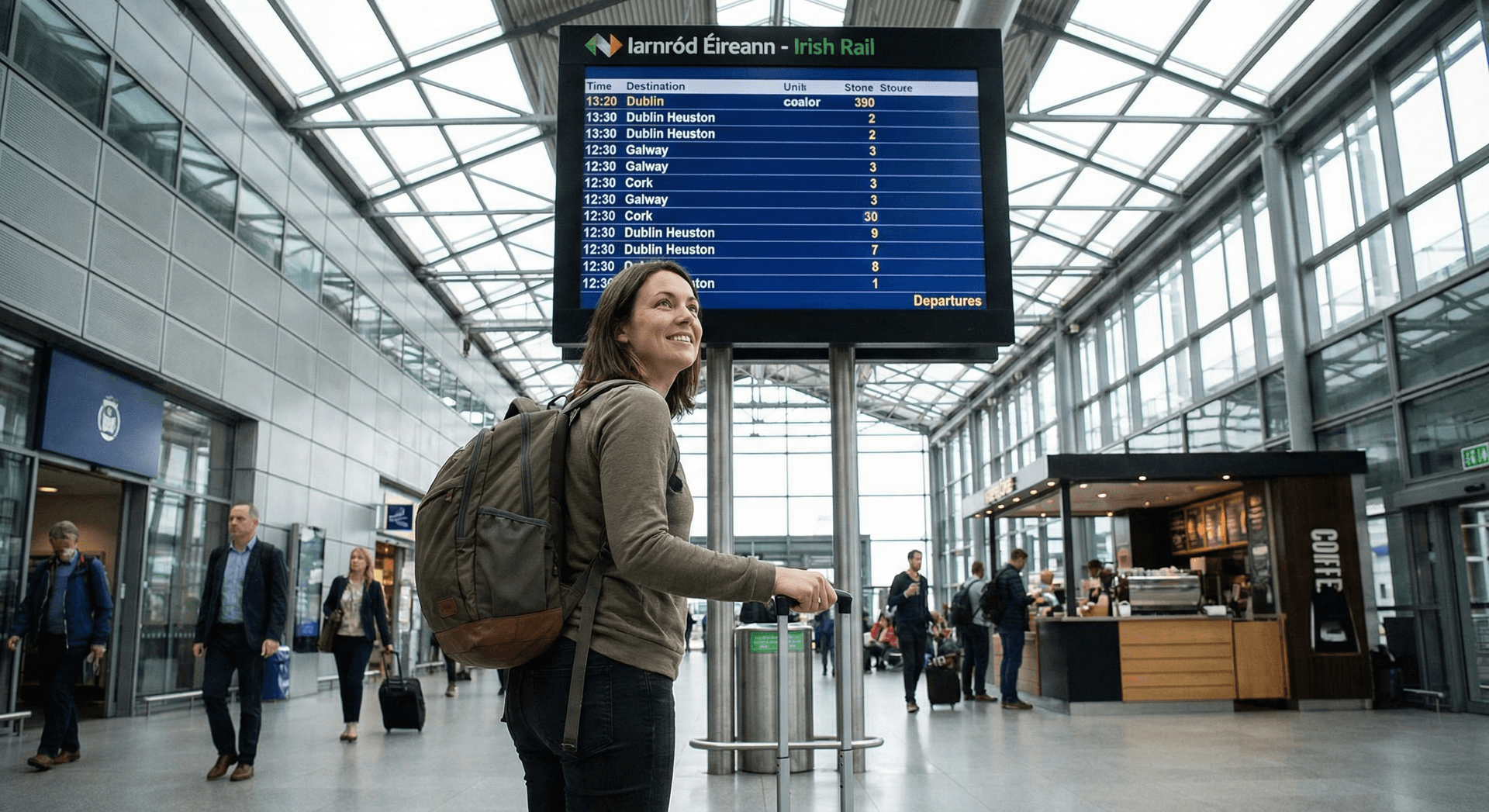 Confident solo female traveler at Irish train station checking departure board