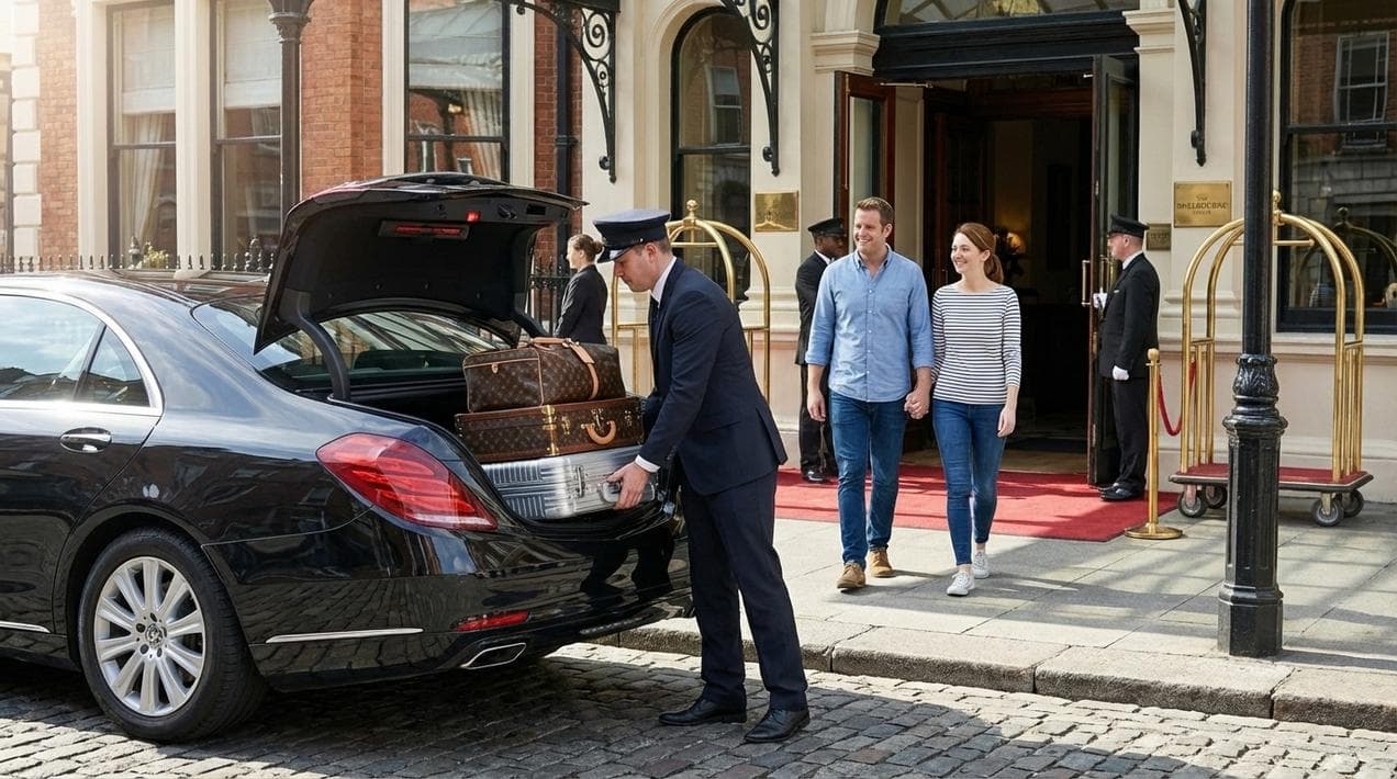 Door-to-door luxury: Chauffeur handling luggage at a 5-star hotel.